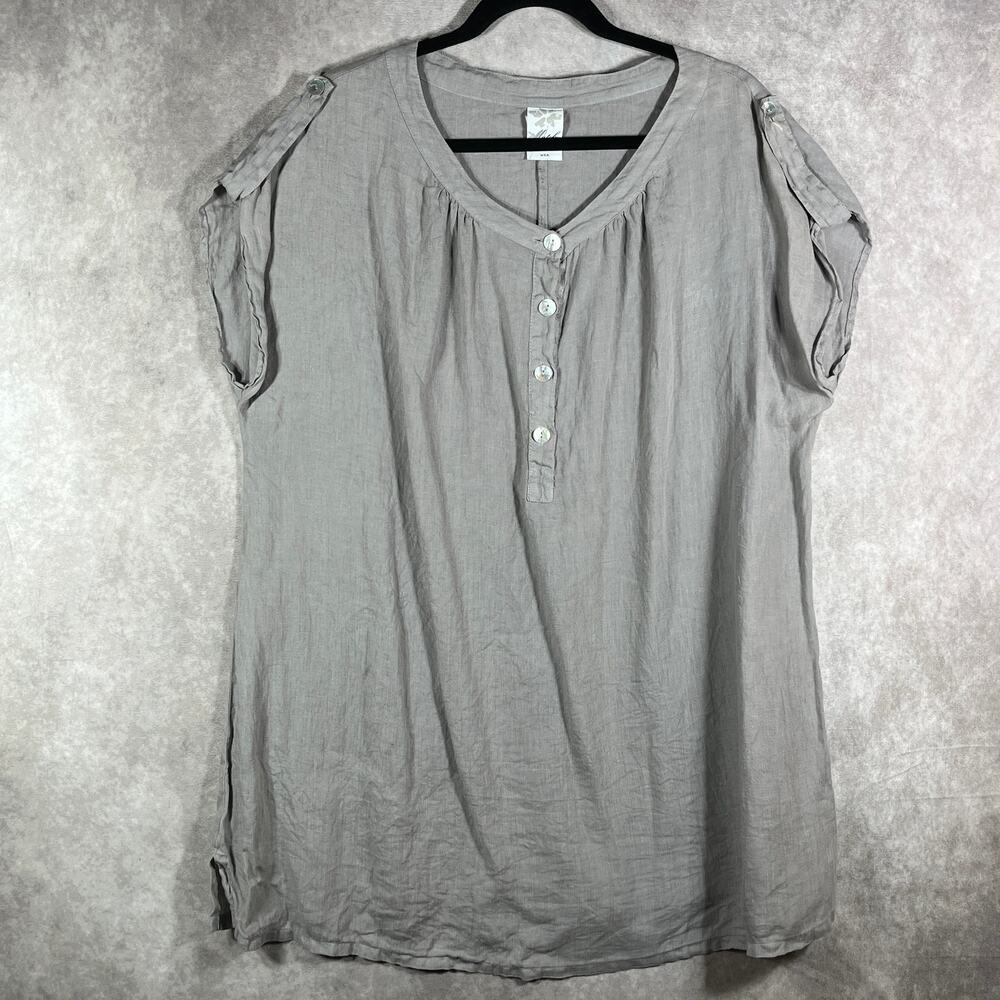 Match Point Blouse Womens Medium Gray Linen Lightweight Vacation Beach Lagenlook